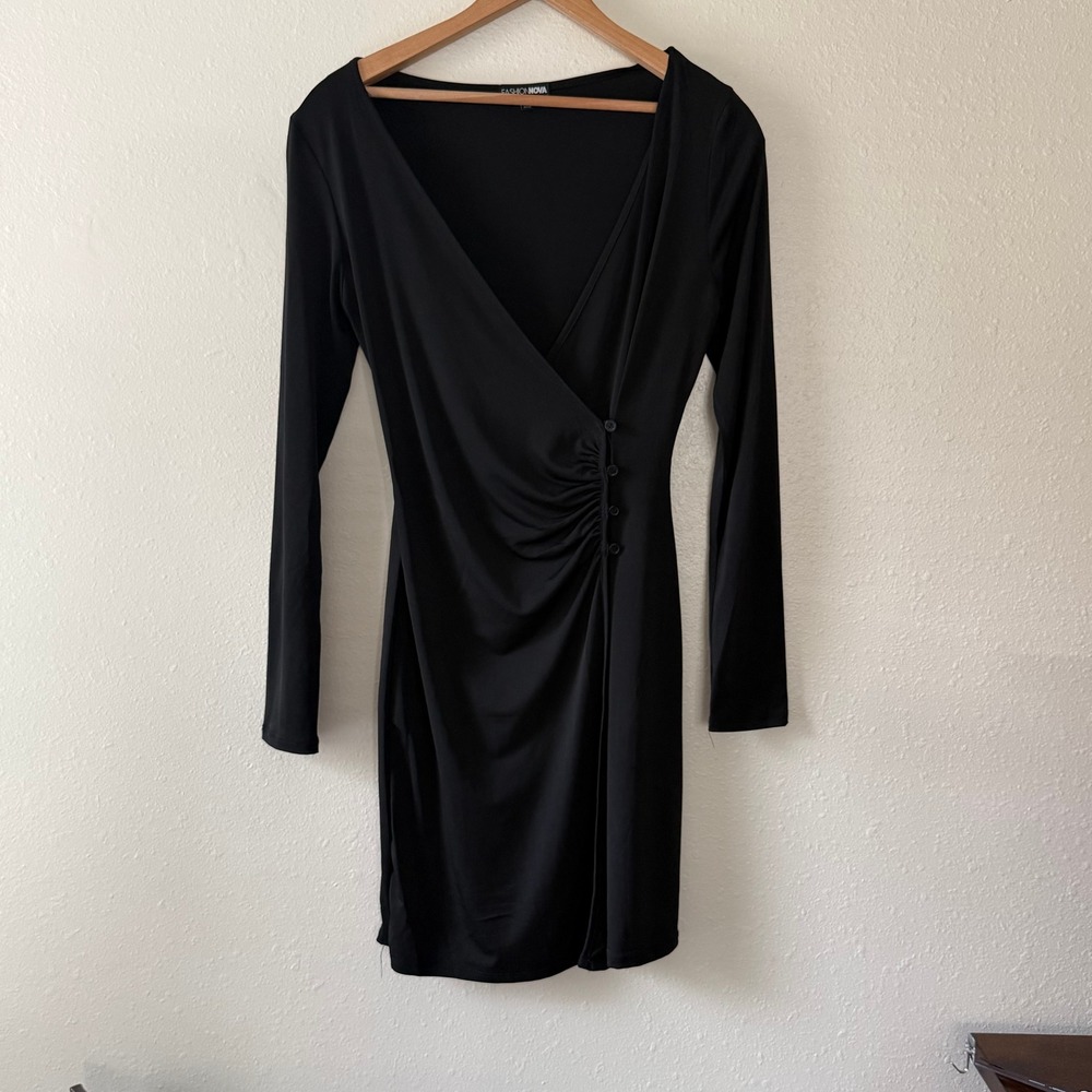 Fashion Nova Womens Black Long Sleeve Ruched Faux Wrap Dress Size M